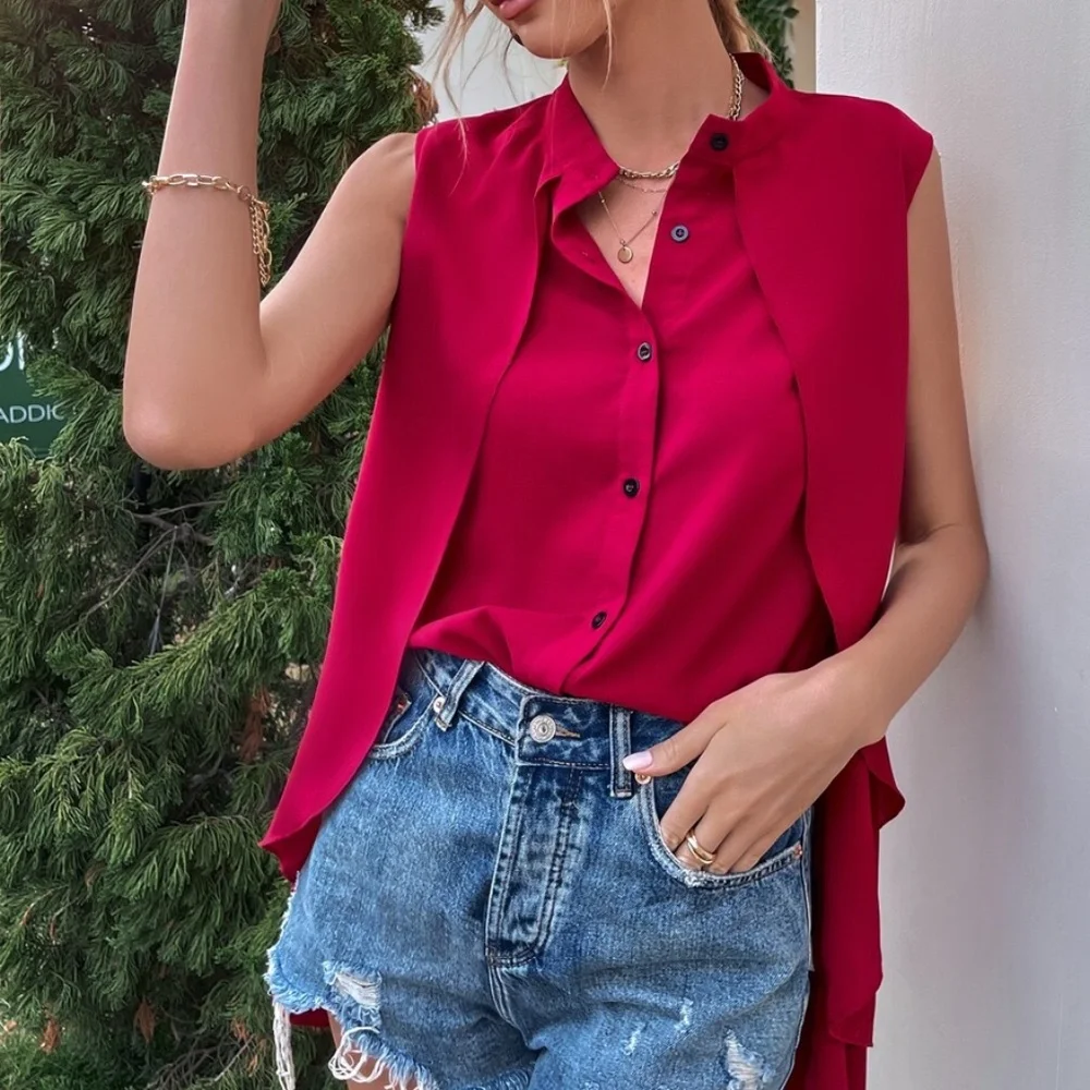 Boho Red Button up Layered Sleeveless Top Work Office - Picture 1 of 8